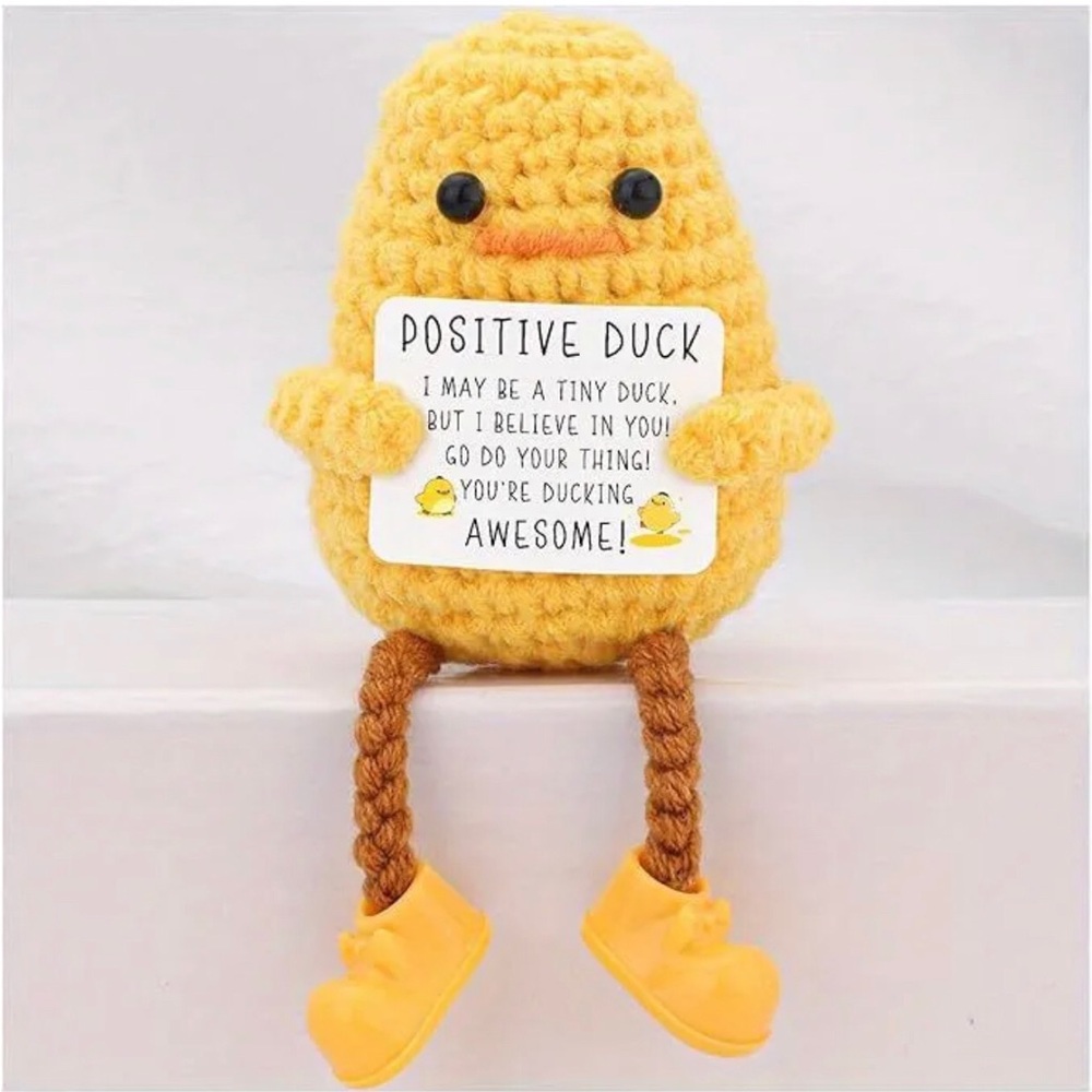 Mini Yellow Crochet Duck Plush with Inspirational Sign and Dangle Feet